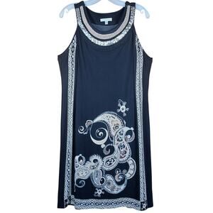 Sandra Darren Size 12 Sleeveless Shift Dress Black Beige Paisley Sequin Neckline